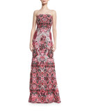 Strapless Embellished Multipattern Gown, Pink