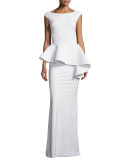 Etheline Cap-Sleeve Peplum Column Gown, White 