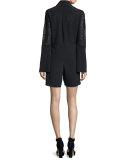 Long-Sleeve Poplin Lace-Trim Romper, Black