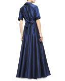 Half-Sleeve Faux-Wrap Gown