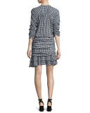 Campbell Ruched Gingham Flounce Dress, Navy