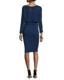 Sequined Long-Sleeve Blouson Dress, Ink