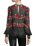 Lip-Appliqué Long-Sleeve Blouse, Black/Multi