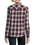 Lilya Long-Sleeve Button-Front Plaid Top, Deep Garnet