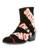 Embroidered Velvet Ankle Boot, Black
