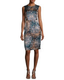 Sleeveless Floral Silk Sheath Dress, Dark Green