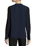 Harper Lace-Trimmed Ruffled V-Neck Silk Blouse, Midnight Blue