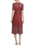 Short-Sleeve Embroidered A-Line Midi Dress, Red