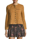 Boxy Suede Snap-Front Jacket, Camel