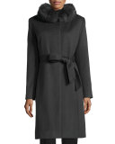 Fox-Collar Belted Felt Coat, Slate