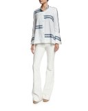 Bell-Sleeve Poplin Striped-Trim Blouse, Soft White