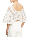 Lydia Floral-Embroidered Lace Crop Top, White