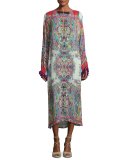 Printed Midi Dress w/Tassel Trim, Red Multi