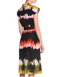 Cap-Sleeve Paint-Striped Shirtdress, Multi Colors