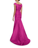 Cap-Sleeve Notched-Neck Gown, Magenta