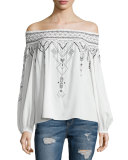 Teagan Off-The-Shoulder Tribal-Print Blouse, White