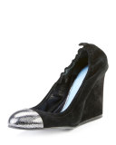 Suede Cap-Toe Wedge Pump, Black/Silver