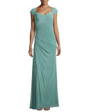 Cap-Sleeve Ruched Chiffon Gown, Navy