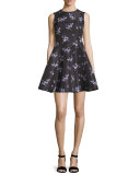 Violet-Print Faille A-Line Dress, Black