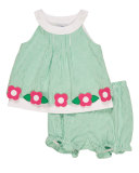 Sleeveless Smocked Gingham Seersucker Dress w/ Bloomers, Green, Size 3-24 Months