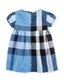 Judie Cap-Sleeve Smocked Check Shift Dress, Blue, Size 12M-3