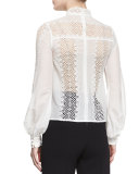 Long-Sleeve Lace-Trim Voile Blouse, White