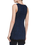 Sleeveless Open-Knit Fringe Tunic, Black/Cobalt