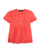 Short-Sleeve Cotton Batiste Top, Orange, Size 5-6X
