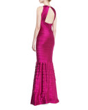 Tiered Stretch Satin Mermaid Gown, Burgundy