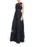 Sleeveless Metallic Chevron-Fringe Gown, Navy