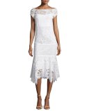 Cap-Sleeve Lace Illusion Midi Dress, Ivory