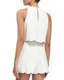 Sleeveless Scallop-Hem Crop Top, Bright White/Black