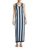 Sleeveless Striped Maxi Coverup Dress, Navy/White