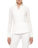 Pleated-Trim Poplin Blouse, Cream