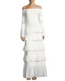 Sylar Off-the-Shoulder Tiered Knit Maxi Dress, White