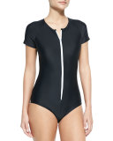 Short-Sleeve Zip Swimsuit, Black