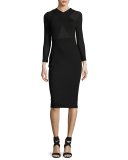 Crossover Long-Sleeve Sheath Dress, Black