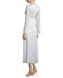 Long-Sleeve Plunging-Neck Midi Dress, Soft White