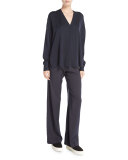 Crossover Long-Sleeve Stretch-Silk Top, Coastal Blue
