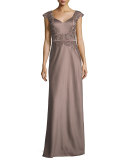 Embellished Faille Cap-Sleeve Gown, Cocoa