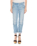 Roll-Cuff Boyfriend Moto Jeans, Light Blue