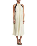 Sleeveless Silk-Trim Pleated Midi Dress, Alabaster