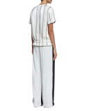 Short-Sleeve Paneled Satin Drawstring Top, Gesso