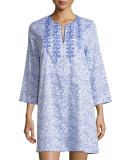 Geo-Printed Sleepshirt with Embroidery, Blue Linear Print