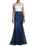 Short-Sleeve Lace Combo Gown