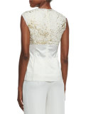 Sleeveless Foiled Lace Paneled Top, Gesso/Gold