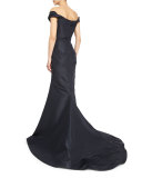 Pleated Off-The-Shoulder Evening Gown, Midnight