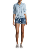 Mid-Rise Rolled-Cuff Distressed Denim Shorts, Indigo