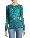 Long-Sleeve Mosaic-Print Stretch-Tulle Top