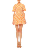 Mitered-Diamond Print Mini Dress, Coral